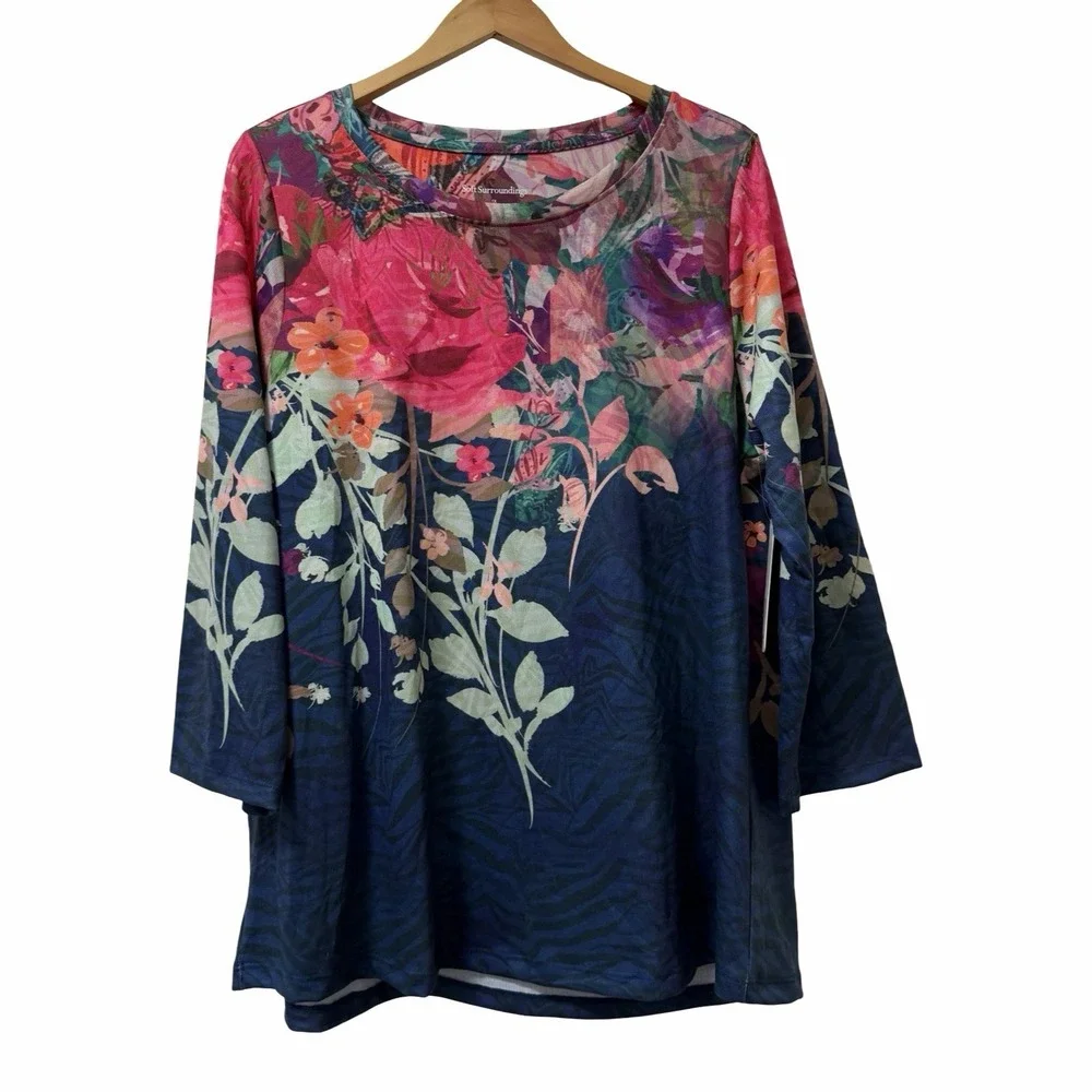 Soft Surroundings Floral Christa 3/4 Sleeve Tunic Top Size 1X Blue Casual NEW